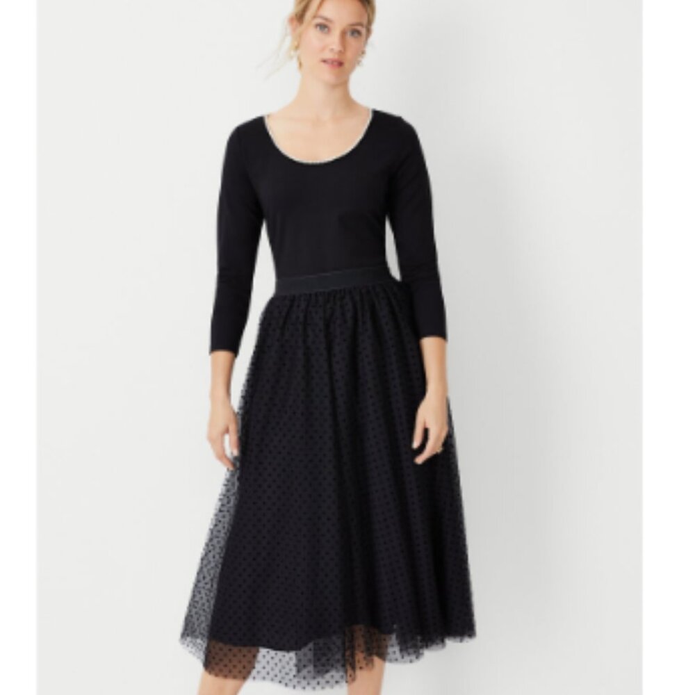 Ann Taylor Black Long Sleeve Top - Pearlized Scoop Neck Top – Size M NWT